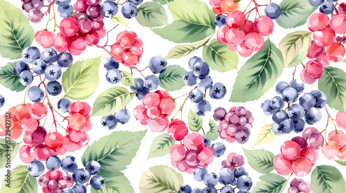 Hand painted watercolor berries pattern on minimal white background composition