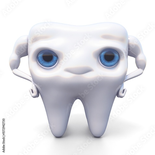 Happy, strong, white 3d tooth character with blue eyes and muscles, isolated on white.