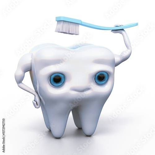 A 3d tooth cleaning itself with a toothbrush. Teeth health, dental hygiene concept.
