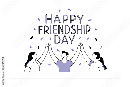 Three friends celebrating happy friendship day with a high five and confetti symbolizing togetherness and joy