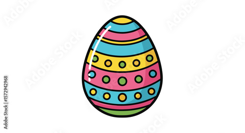 Brightly decorated easter egg with colorful stripes and circles perfect for spring celebrations