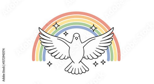  White Dove Flying Under Rainbow with Sparkles, Flat Vector Icon