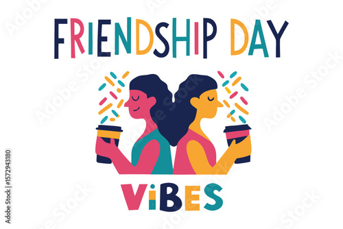 Celebrating friendship day with two women enjoying coffee and good vibes together surrounded by colorful confetti