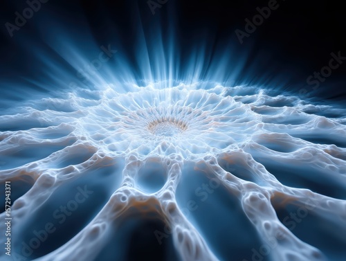 A glowing, abstract blue and white pattern radiates outward, resembling energy waves or a microscopic structure on a dark background.