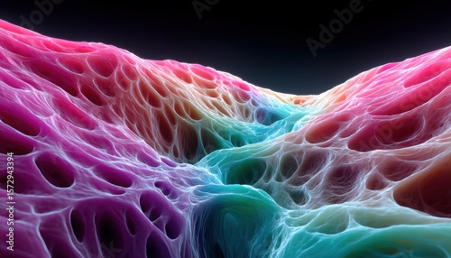 Vivid, colorful abstract landscape resembling microscopic or cellular structures with a flowing, organic pattern.