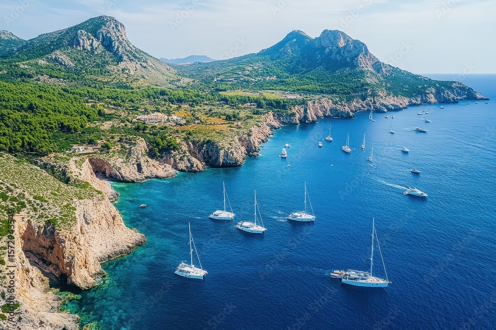 Obraz premium Sailing boats glide gracefully in tranquil waters along the coastline under a clear sky, Camera moving forward over sailing boats off the coast of Spain, aerial shot