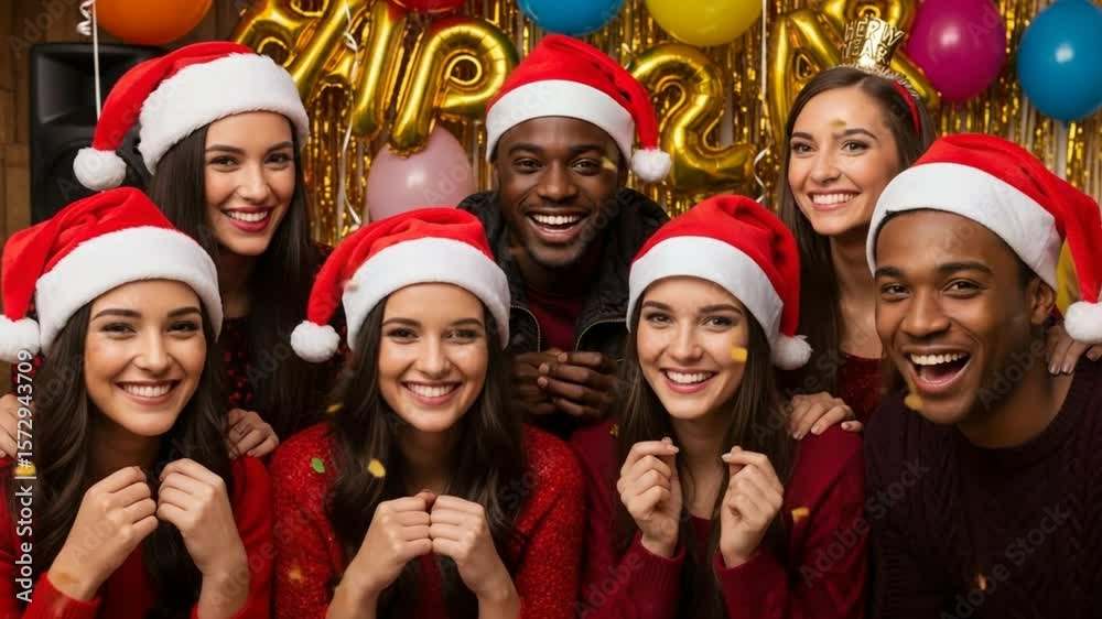 Group Celebrating Wearing Santa Hats and Laughing Together Festive Holiday Celebration Group Celebrating Wearing Santa Hats and Laughing Together Festive Holiday Celebration