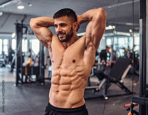 Focused Fitness: A muscular individual flexes his physique, emphasizing defined abs and toned physique in a well-equipped fitness environment.