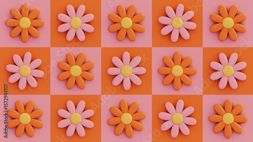 Summer 3d horizontal render wallpaper flower happy positive daisy checker texture orthographic pattern layer retro doodle groovy cartoon poster banner sale vibrant orange pink sunset colors background