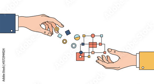 Conceptualizing data transfer and organization with interconnected geometric shapes and abstract elements