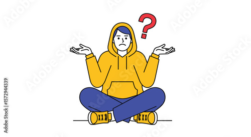 Confused person sitting in lotus pose under a question mark symbol with arms raised