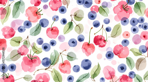 Watercolor berries pattern on white background with soft natural