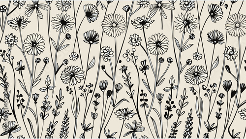 Detailed botanical illustration featuring a variety of flowers and plants in black and white style design