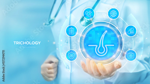 Trichology and Dermatology concept. Hair loss, growth, transplant, removal, care. Hair follicle treatment. Doctor holding in hand Hair icon and medical icons network connection. Vector illustration.