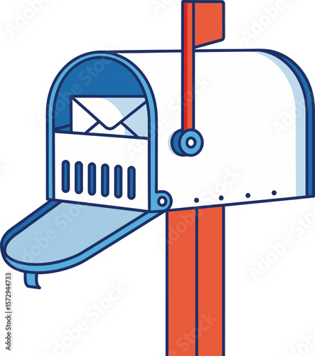 A classic American mailbox stands ready to receive mail with its flag up indicating incoming correspondence