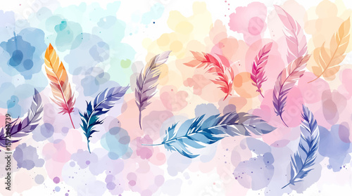 Watercolor background pattern feathers on white background