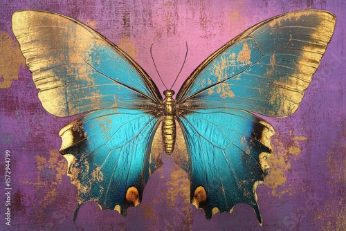 Detailed portrayal of a turquoise and gold butterfly on a textured purple background.
