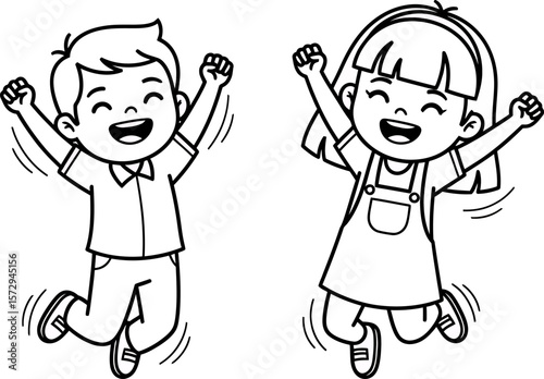 Two Happy Excited Young Children Jumping High in the Air With Their Arms Raised in a Joyful Celebration