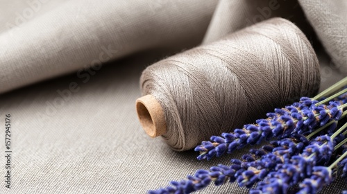 A spool of beige thread rests on a soft fabric backdrop with lavender flowers nearby, creating a serene crafting scene