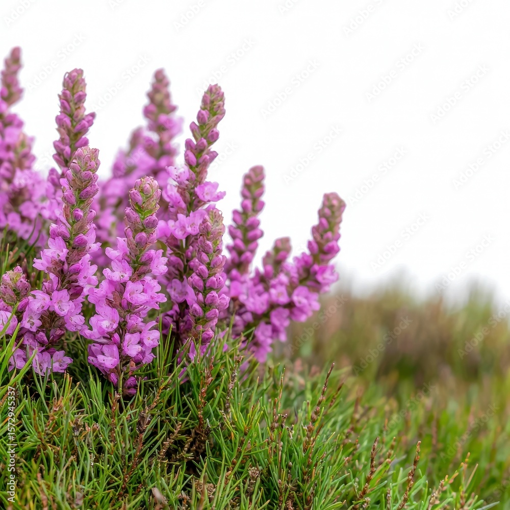 Obraz premium Close Up of Purple Wildflowers and Green Grass on White Background
