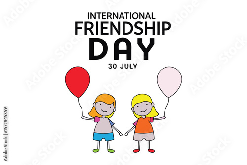 Friendship Day: A cheerful illustration to celebrate Friendship Day, showcasing the joy of companionship, featuring two young individuals with balloons and a message of friendship.