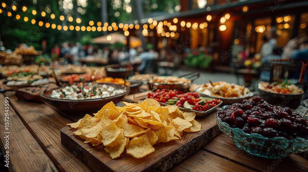 Fototapeta premium Outdoor party table filled with snacks under glowing string lights