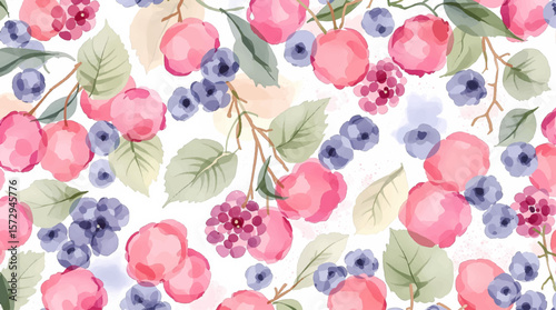 Watercolor pattern featuring raspberries white background