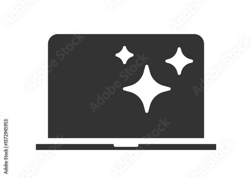 Laptop pc new clean up icon simple vector graphic pictogram, computer screen shine silhouette as fixed repaired hardware sign symbol logo image clip art