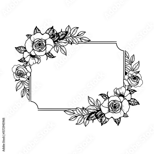 Floral Frame for Invitation: A beautifully drawn floral frame in intricate detail, perfect for invitations, announcements, or decorative use, featuring roses, petals, and leaves with artistic finesse.