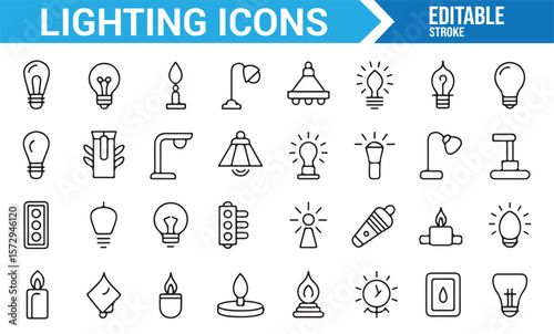 Icons of Lighting, Light Bulbs, Lamps, and Electric Symbols for Interior and Outdoor Lighting