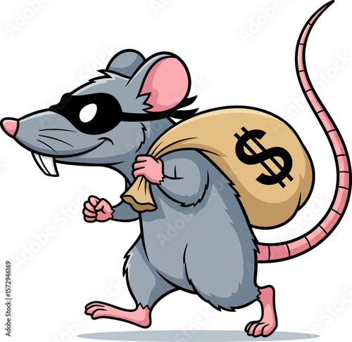 Cartoon Bandit Rat Carrying a Large Bag Full of Money Through the Night