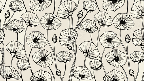 Seamless pattern of stylized poppy flowers with buds and stems in black and white illustration style