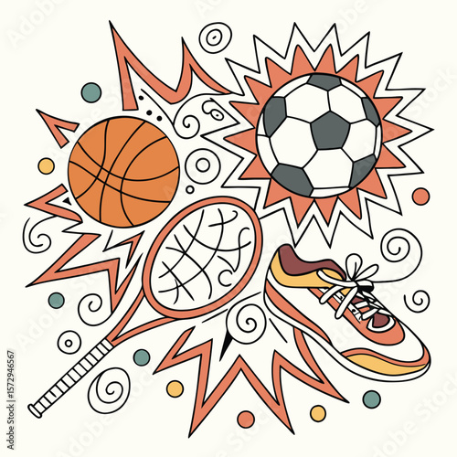 Illustration of sports equipment including a basketball soccer ball and tennis racket and running shoe
