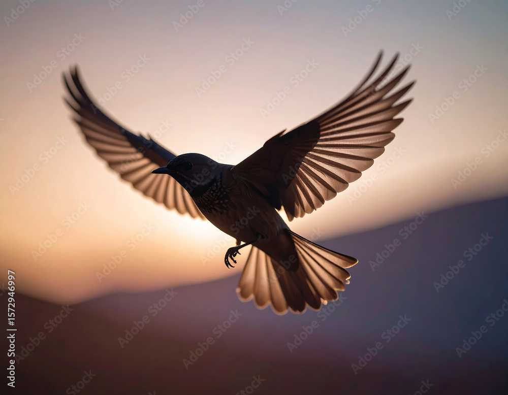 Fototapeta premium Soaring Freedom: A small bird soars gracefully in the air with its wings spread wide against the backdrop of the sky, capturing a moment of serene beauty.
