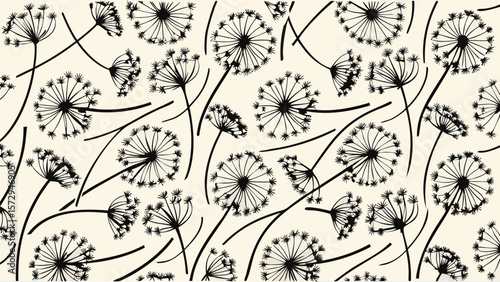 Black and white seamless pattern featuring dandelion seed heads with stems scattered across the background