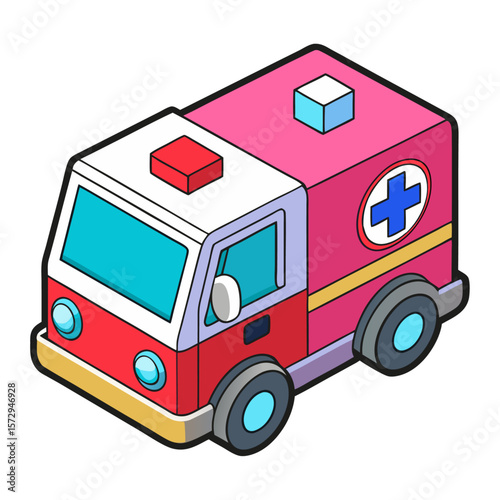 Cartoon ambulance with medical cross and flashing lights emergency