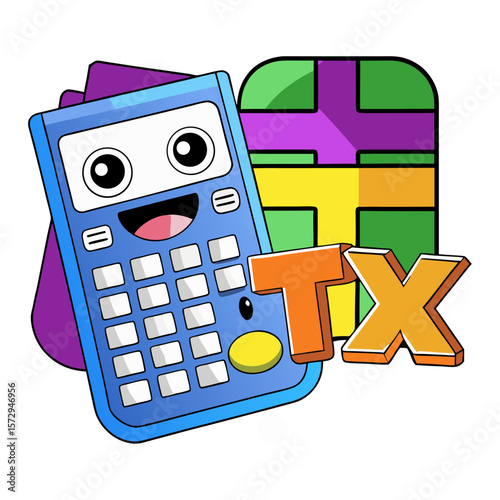 Cartoon calculator with tax letters and geometric shapes vector