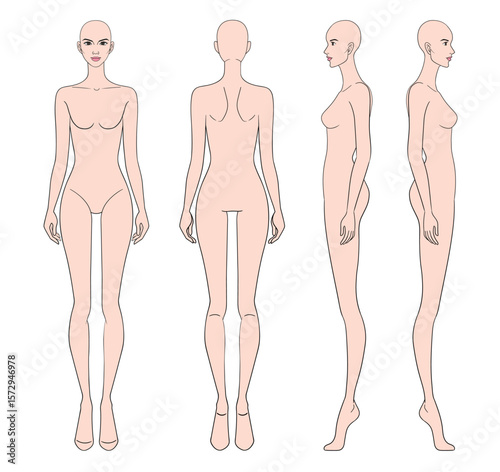 Colored fashion croquis figurines front side back view with bald woman in vector.