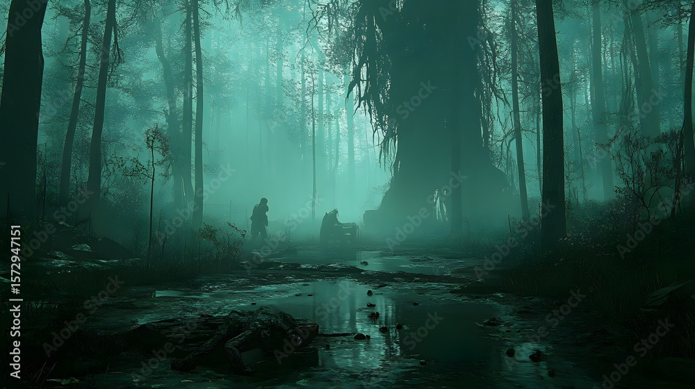 Fototapeta premium Mysterious figures emerge from the dense fog in a dark and eerie forest