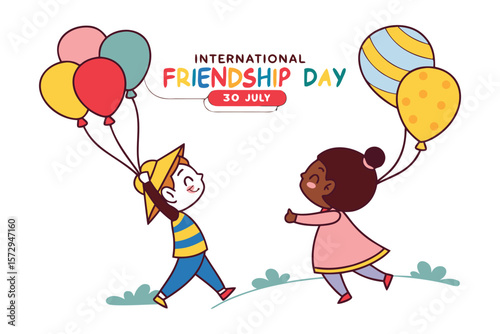 International Friendship Day: Happy children holding colorful balloons, celebrating friendship and togetherness.