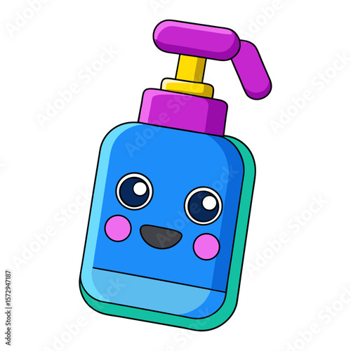 Cute blue lotion bottle with purple pump and smiling face cartoon vector