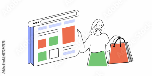 A happy woman carrying shopping bags stands next to a digital website display promoting online shopping and e-commerce solutions.