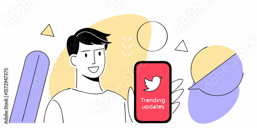 Expressive flat design featuring a character holding a phone displaying trending updates, suitable for app marketing or website banners.