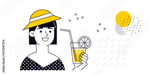 Smiling woman in a sunhat enjoying a summer drink, perfect for branding or creative lifestyle designs with a clean and minimalist aesthetic.