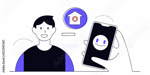 A stylized graphic showing a man using a smartphone app for home access and user identification with simple, modern design.