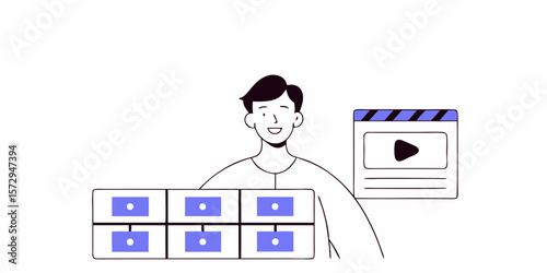Smiling man and media with drawer design represent production data and organize information, fitting for presentations, logos, and UI design