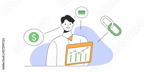 Financial analysis graphic showcasing business growth and investment strategies with a successful businessman and rising graph elements.