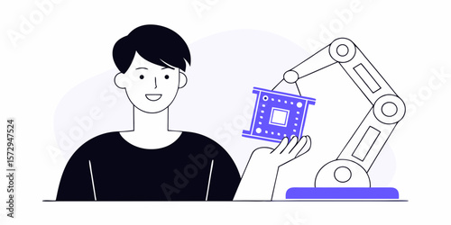 An artificial intelligence application features a robotic arm assembling a circuit board with a person overseeing the smart technology operation.