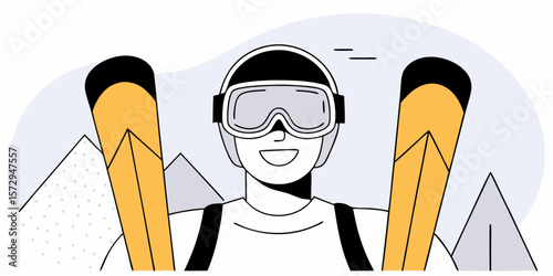 Cheerful skier graphic with skis and mountain backdrop provides a positive feeling for ski-related design projects or winter activity branding.