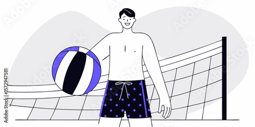 A cheerful beach volleyball player ready to serve the ball in a summer outdoor match illustration.